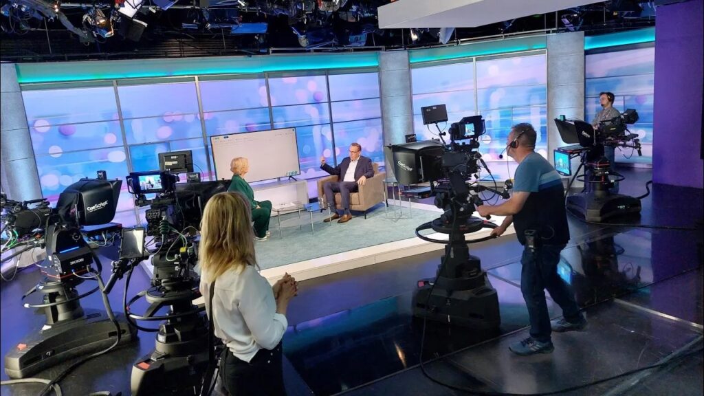 David Miller being interviewed by Alice Beer in ITN Business studio